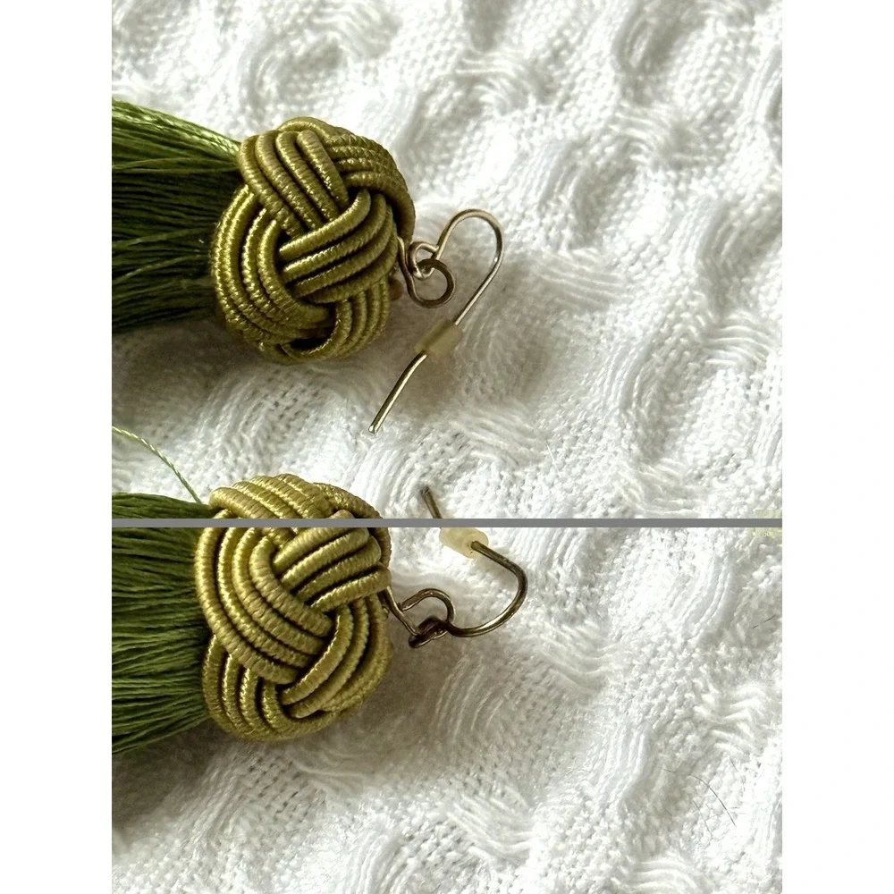 VINTAGE KNOT EARRINGS WITH GREEN TASSELS THREAD 4.75